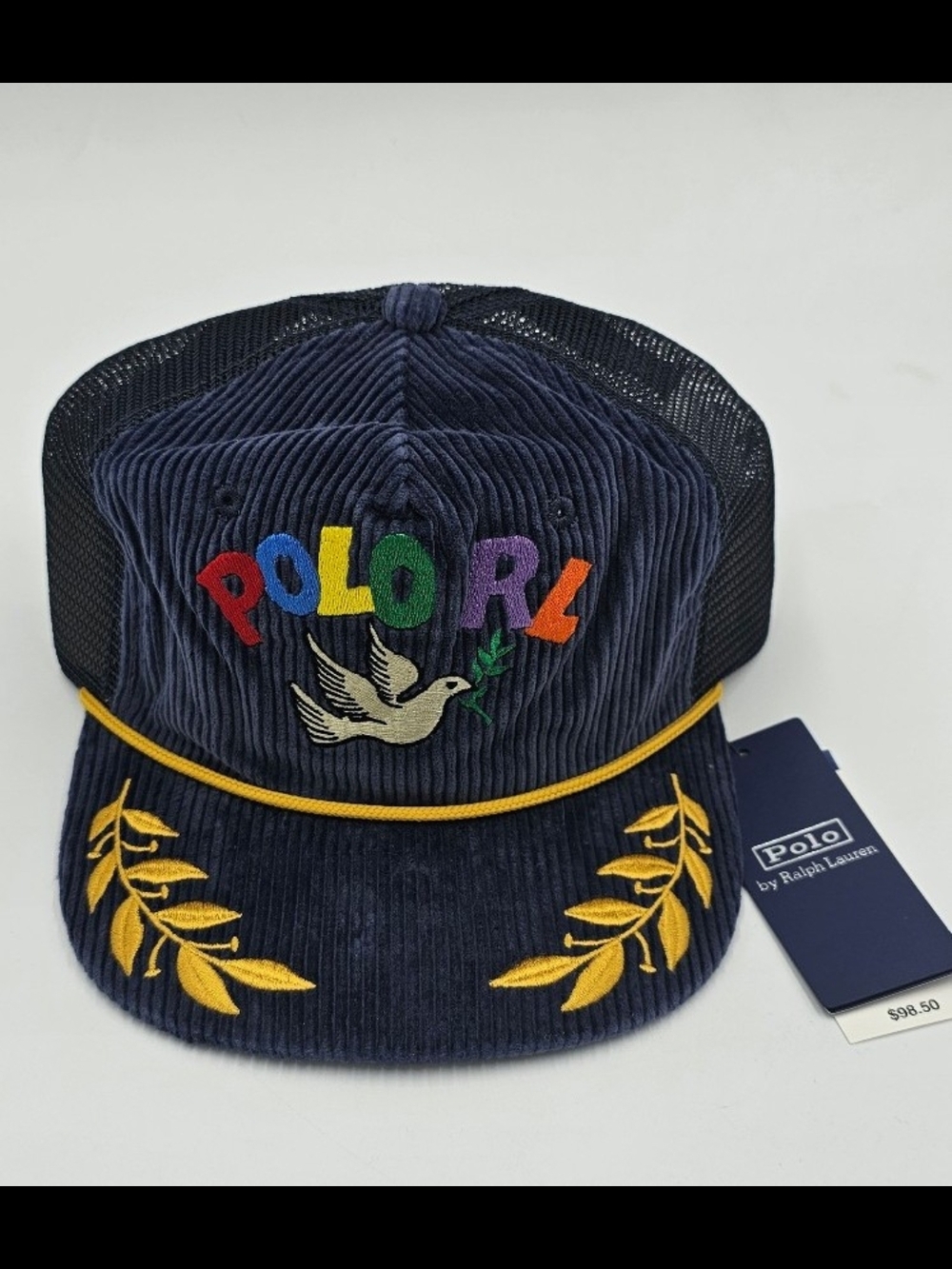 Ralph Lauren Navy Corduroy Trucker Hat with Multicolor Embroidery